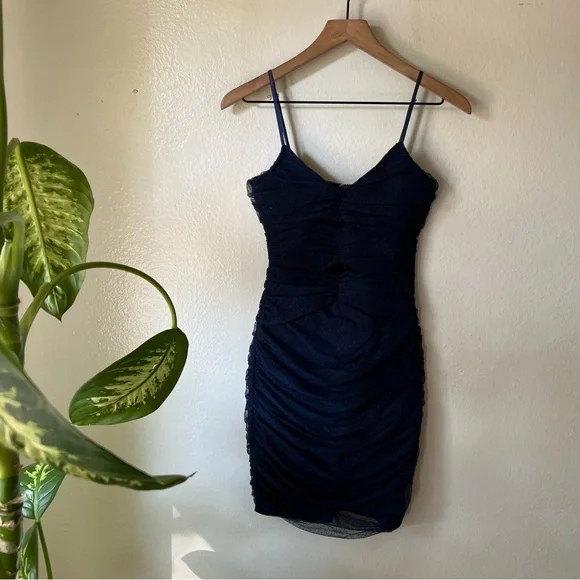 Lulus | Posh Outlook Navy Blue Swiss Dot Cutout Bodycon Dress - Picture 2 of 7